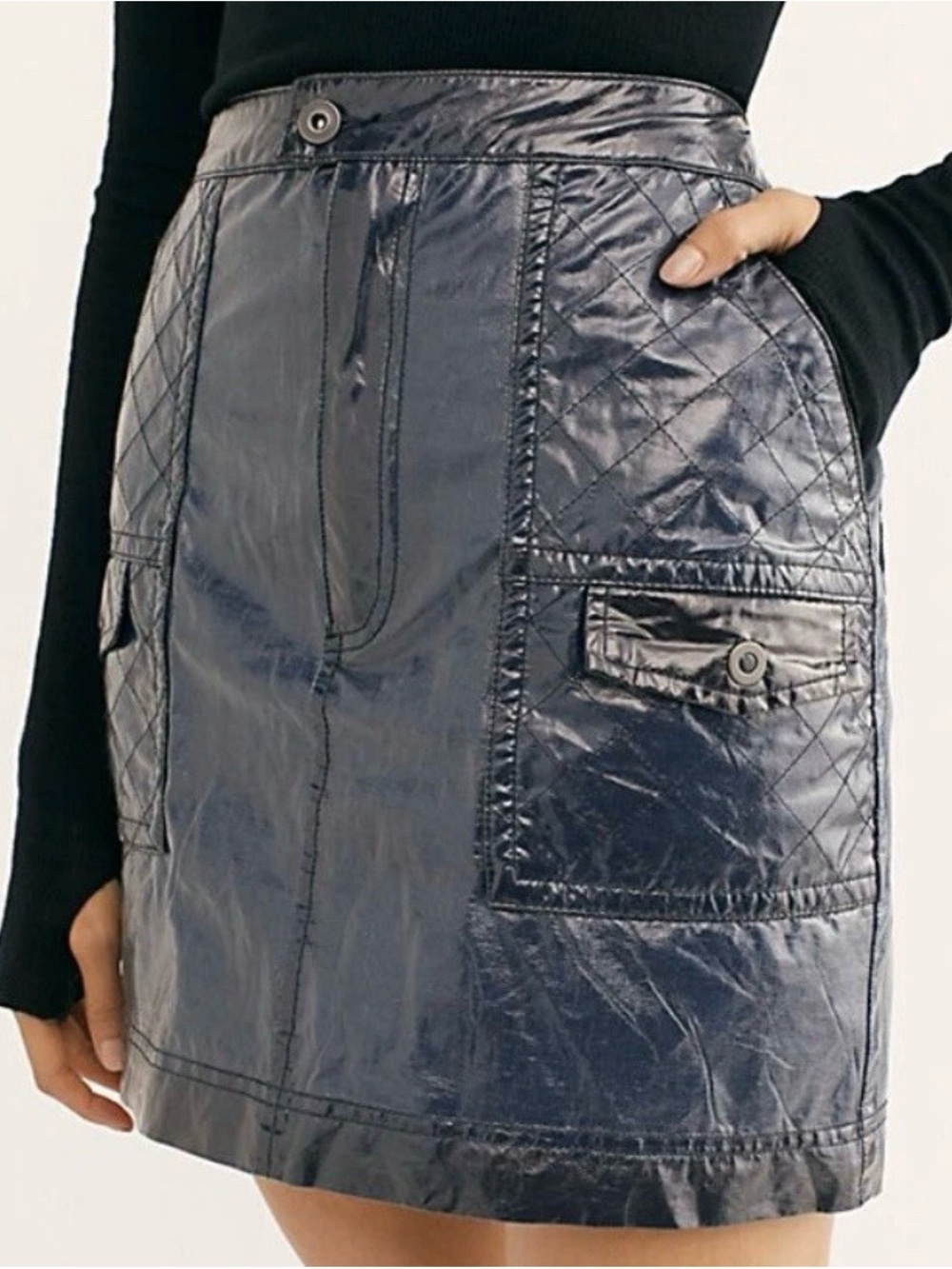 Free People Navy Quilted “Too Cool for School” Utility Pocket Mini Skirt